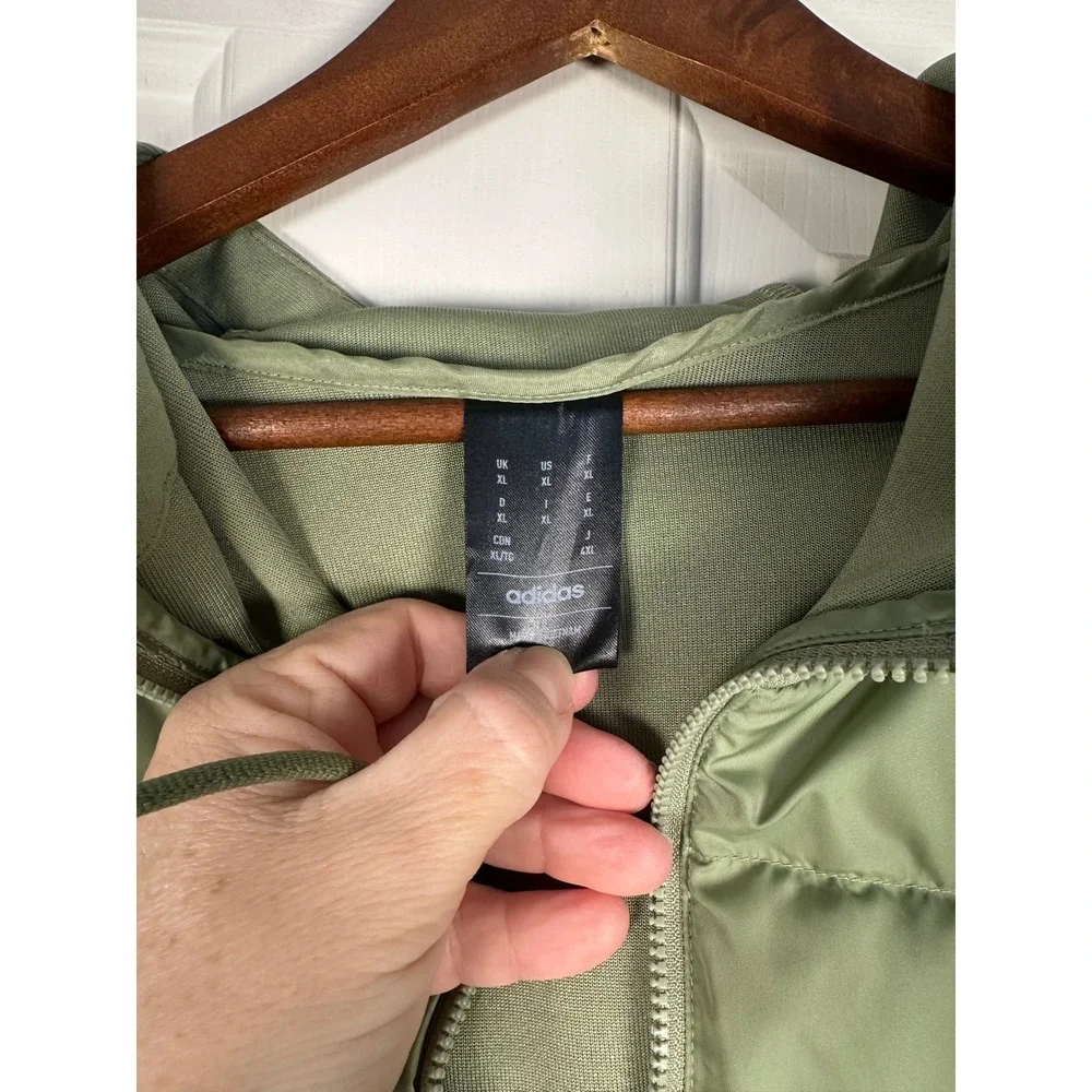 Adidas Essential Mens XL Hybrid Down Puffer Hoodie Jacket Green Full Zip Quilted
